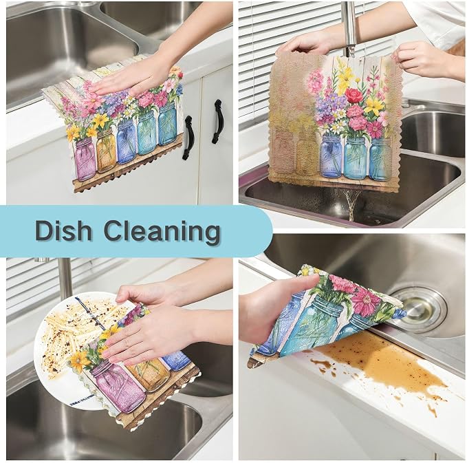 ALAZA Kitchen Towels Spring Floral Jars Rustic Dish Towels Multipurpose Reusable Dish Cloths Soft Cleaning Cloth Kitchen Accessories Set of 6,11"x11"