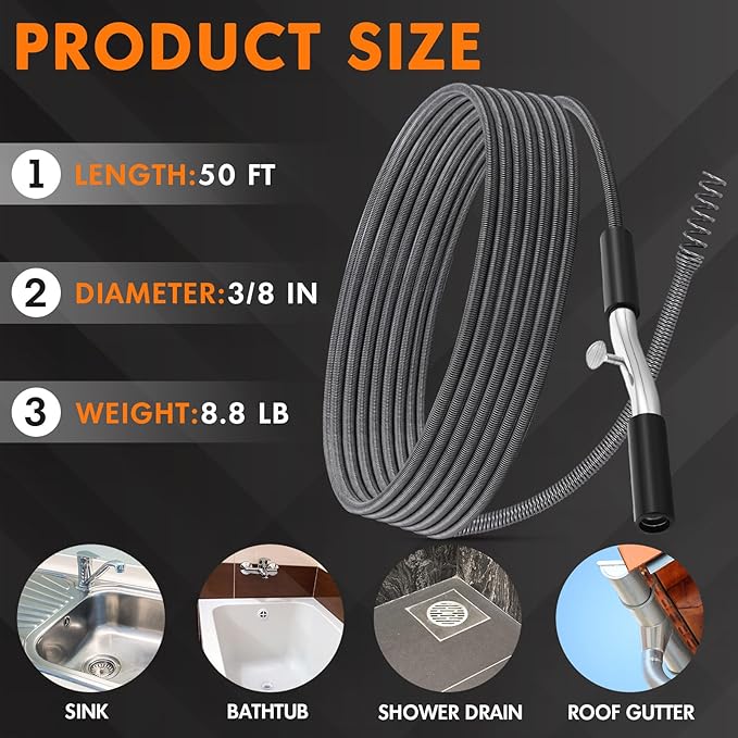 Threlaco 50 ft Drain Auger Plumbing Snake for Heavy Deep Blockages 3/8" Diameter Flexible Plumbing Cables Drain Snake for Kitchen Bathroom Shower Sink Cleaning Drainage Clogs