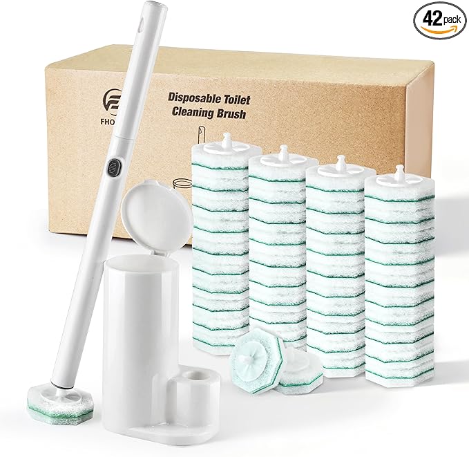 FHORAIN Disposable Toilet Brush with 42 Wand Refills, Wall Mounted Toilet Brush and Holder Set - Effortless Disposable Toilet Bowl Cleaner Wand (Rainforest Scent)