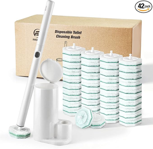 FHORAIN Disposable Toilet Brush with 42 Wand Refills, Wall Mounted Toilet Brush and Holder Set - Effortless Disposable Toilet Bowl Cleaner Wand (Rainforest Scent)
