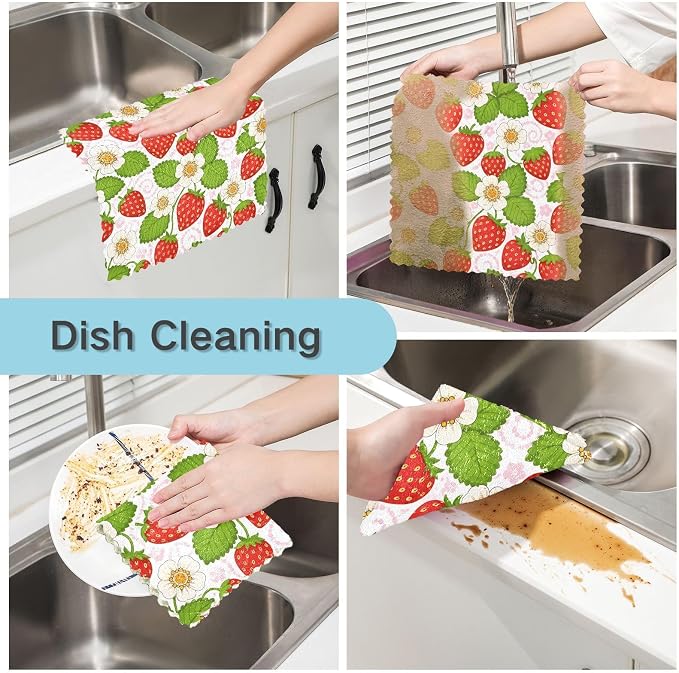 JIPONI 6 Pack Kitchen Dishcloth, Strawberry Daisy Absorbent Dish Towels Reusable Soft Cleaning Cloths 11 x 11 inch