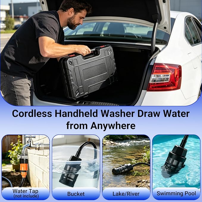 Cordless Pressure Car Washer, 1200 PSI Max Power Washer with 21V 4.0Ah Large Capacity Battery, Lightweight Handheld Washer with Safety Lock, Storage Case & 6-in-1 Nozzle for Car/Garden/Home/Patio