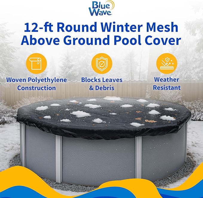 Blue Wave Rugged Mesh 12 ft 8-Year Above Ground Pool Cover for Winter – Fine Mesh Debris Barrier – 4 ft Overlap, Reinforced Grommets, Vinyl-Coated Cable, Metal Winch – Black Finish - BWC600