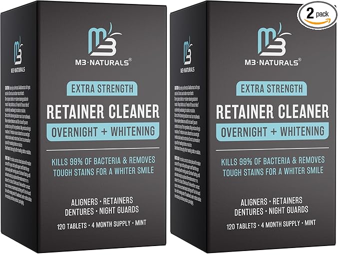 Overnight + Whitening Retainer Cleaner, Remove Stains, Discoloration, and Plaque | 4 Month Supply | Denture Cleanser with Whitening Boost,120 Tablets by M3 Naturals (Pack of 2)