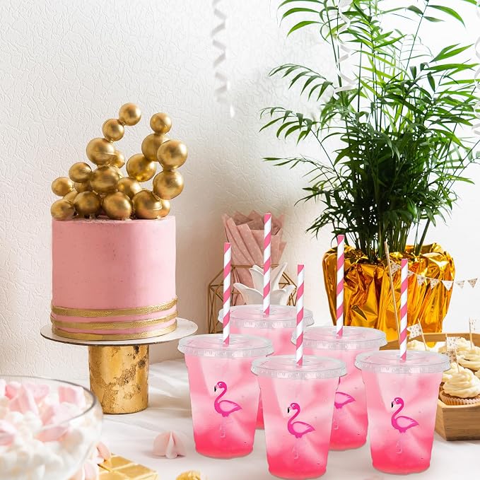 Whaline 50Pcs Flamingo Disposable Plastic Cups with Lids and Straws 12 Oz Pink Flamingo Cold Beverage Drinking Cups for Summer Tropical Hawaiian Birthday Bachelorette Bridal Shower