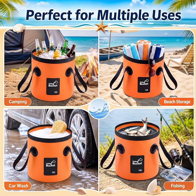 3 Gallon 3 Pack Collapsible Bucket, Foldable Water Bucket with Handles, Portable Camping Buckets for Fishing, Hiking, Cleaning, Outdoor & Travel Use (Orange)