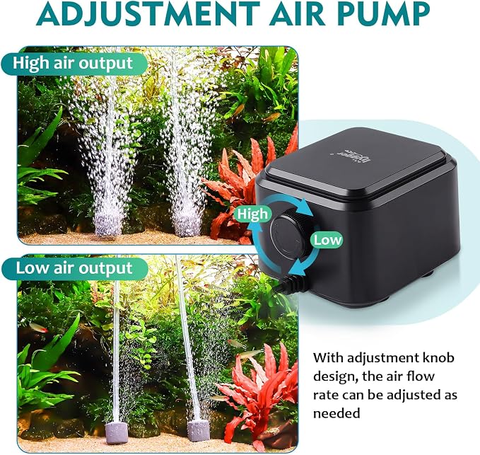 hygger Quiet <30dB Aquarium Air Pump, Adjustable Low Decibel Oxygen Fish Tank Pump 2 Air Outlets Ultra Silent Powerful Aerator Pump with Accessories Max 80GPH/160GPH/255GPH(3.5W,Up to 120Gallon)