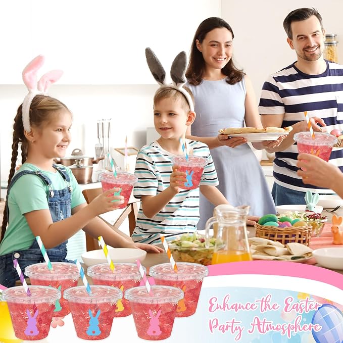 Whaline 60Pcs 9Oz Easter Disposable Plastic Cups with Lids and Straws Candy Color Bunny Rabbit Cold Beverage Drinking Cups for Iced Coffee Smooth Juice Tea Milkshake
