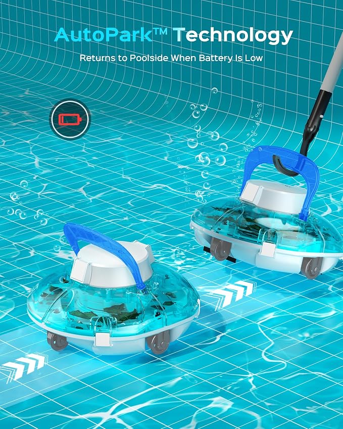 (2026 Upgrade) Cordless Pool Vacuum for Above Ground Pool, Automatic Pool Cleaner Robot Cleaning Up to 660 sq.ft, Dual-Layer Filtration, 90 Mins Runtime, Self-Parking, with Hook (Tech Blue)