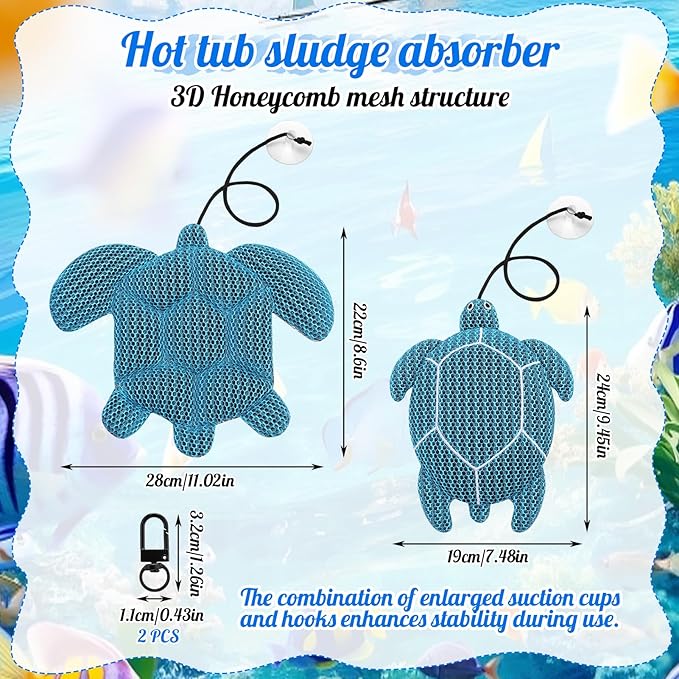 2 Pack Hot Tub Scum Absorber, Reusable Washable Scum Turtle Hot Tub Sponge for Spa Pool Cleaner Oil Absorbing Adults, Turtle