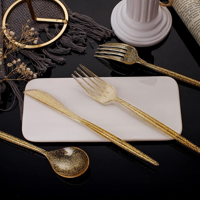 Supernal 180pcs Gold Plastic Silverware Durable Plastic Silverware Gold Glitter Color Party Cutlery Disposable Flatware Heavy Duty Include 60 Forks,60 Knvies,60 Spoons for Wedding,Birthday (Pack of 2)