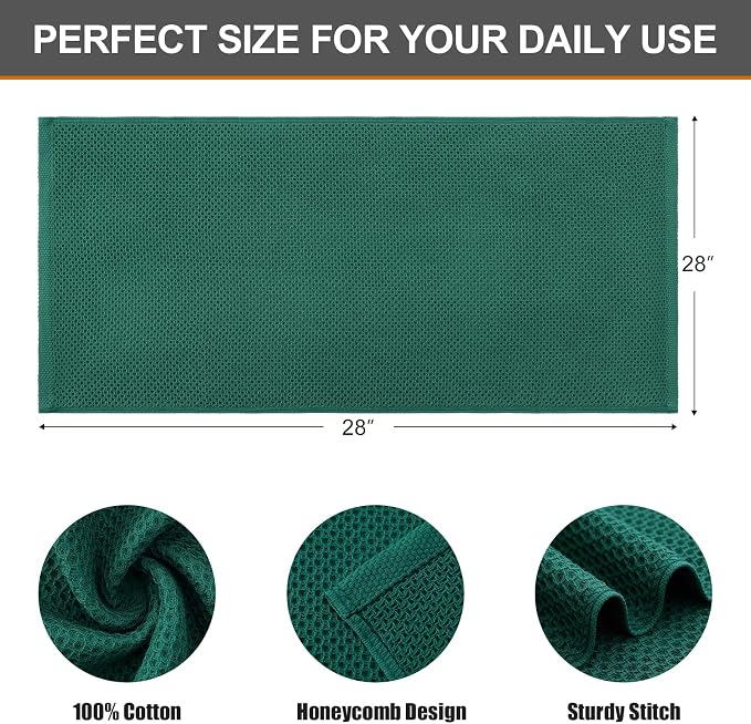 Kitinjoy 100% Cotton Waffle Weave Kitchen Hand Towels (13 X 28 Inches, Dark Green), 4-Pack Super Soft and Absorbent Dish Towel for Drying Dishes