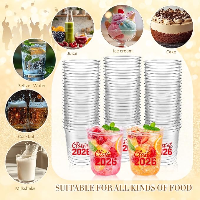 Potchen 50pcs Graduation Cups Class of 2026 12oz Clear Plastic Graduation Party Cups for 2026 Celebration Party Supplies Congrats Grad Tableware Decoration(Red)