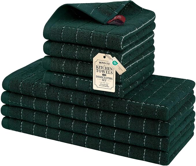 Homaxy Kitchen Towels and Dishcloths Set, 12 x 12 and 13 x 28 Inches, Set of 8 Bulk Cotton Terry Kitchen Towels Set, Checkered Designed, Soft and Super Absorbent Dish Towels, Blackish Green