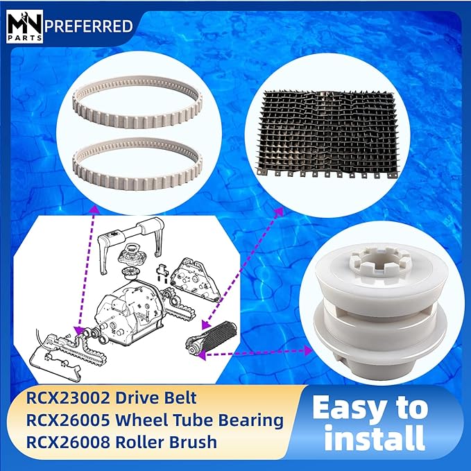 RCX23002 Drive Belt (2 Pack) + RCX26005 Wheel Tube Bearing (2 Pack) + RCX26008 Roller Brush Replacement Kit Compatible with Hayward TigerShark, QC, Plus & SharkVac Robotic Pool Cleaner Parts