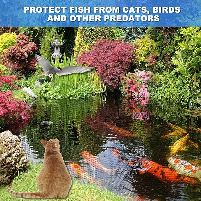 BUZIFU Pond Netting, 28 x 30FT Pond Net for Koi Ponds, Garden Pool Fine Mesh Pond Netting Cover for Leaves, Protects Koi Fish from Birds Cats Predators, with 14 Stakes and 30 Cable Zip Ties