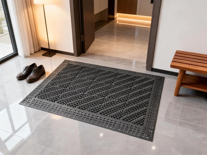 Heavy Duty Outdoor Boot Scraper Mat, 35.5" x 23.5", Black | Mud & Snow Doormat with Stiff Nylon Bristles Modular Interlocking Shoe Cleaner for Patio Garage