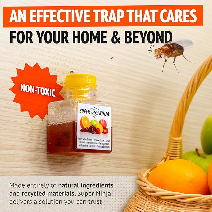 Super Ninja Fruit Fly Traps for Indoors - 36 Pack, Highly Effective Fruit Fly Catcher for Indoor Use for Home & Kitchen, Up to 3 Weeks of Performance per Bottle, Kid & Pet Friendly