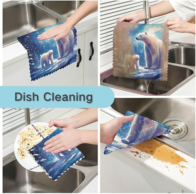 ALAZA Dish Towels - Polar Bear (2) Absorbent Kitchen Towels, Lint Free Bar Tea Soft Towel Kitchen Accessories Set of 6, 11"x11"