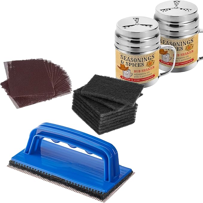Griddle Cleaning Kit & BBQ Spice Shaker Set: 1 Holder, 20 Screens, 10 Cleaning Pads, [Pack of 2] 10 oz Shakers with Adjustable Lid Bundle