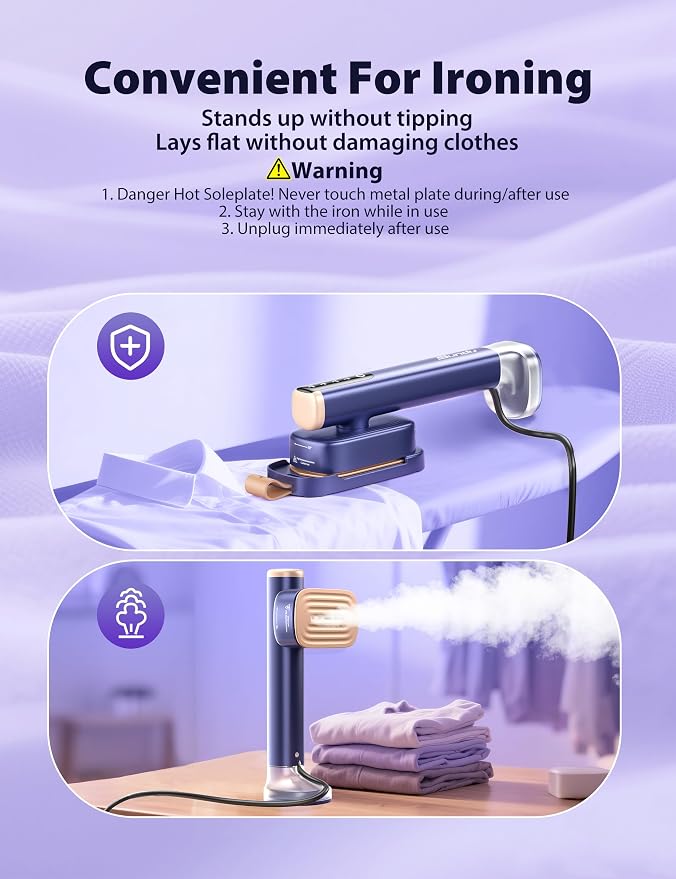 Travel Steamer for Clothes with 180 ml Water Tanks,15s Fast Heat-up,24 g/min Strong Steam Performance, Portable Garment Steamer with Touch Control, Steam Iron Gold Blue