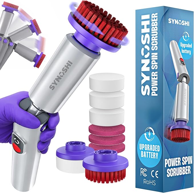 Synoshi PRO Electric Spin Scrubber & Magic Melamine Sponge Heads (3 Units), Bathroom and Shower Scrubber, Kitchen Cleaning, Adjustable Angles, 2 Speed