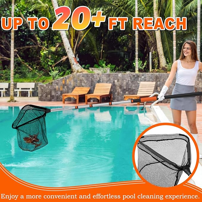 SISIUPASSIE 20FT Pool Skimmer Net with Pole, Foldable & Larger Capacity Pool Net for Cleaning, Telescopic Pool Pole Heavy Duty with Fine Mesh Pool Leaf Net for Above Ground & In-ground Pools