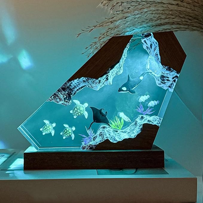 Orca Ocean Resin Lamp, Handmade Wooden Table Resin Night Light, USB Port Art Ornaments for Home Office Decor, Scuba Diver Gifts for Holiday, Unique Birthday Gifts for Mom Grandma Brother Sister