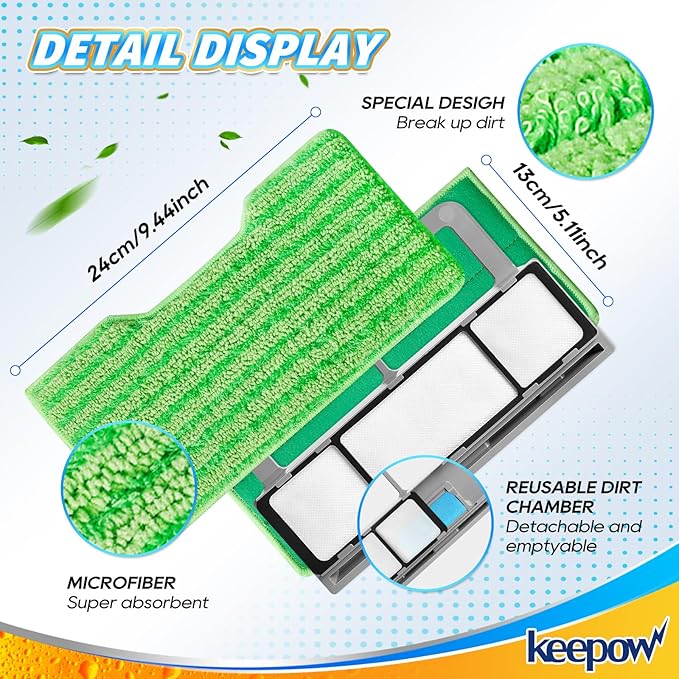 KEEPOW Reusable Mop Replacement Pads Compatible with Mop VM252 VM200 VC205 VM250 /QM250 VM190 VM200P12, Washable Vacuum Mop Pad Refills, Upgraded Design of Dirt Chamber