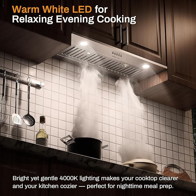 30 Inch Range Hood Insert, 600 CFM Convertible Ducted/Ductless Kitchen Hood in Stainless Steel Finish, 3-Speed Exhaust Fan with LED Lights, Baffle Filters