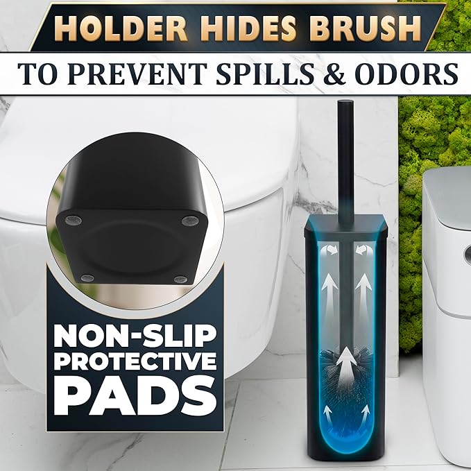 Black Toilet Brush and Holder Set - Slim Matte Design that Fits Anywhere - Stainless Steel Toilet Bowl Brush and Holder with 2 Rounded Corners, Replaceable Head, Removable Inner Bowl & Splash Guard