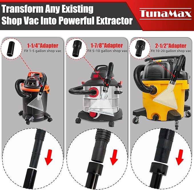TunaMax Universal Work with All Shop Vacs Extractor Attachment with 1-1/4" & 1-7/8" & 2-1/2" Three Adapters for Upholstery & Carpet Cleaning & Auto Detailing, Large 7-1/2" Width Clear Head