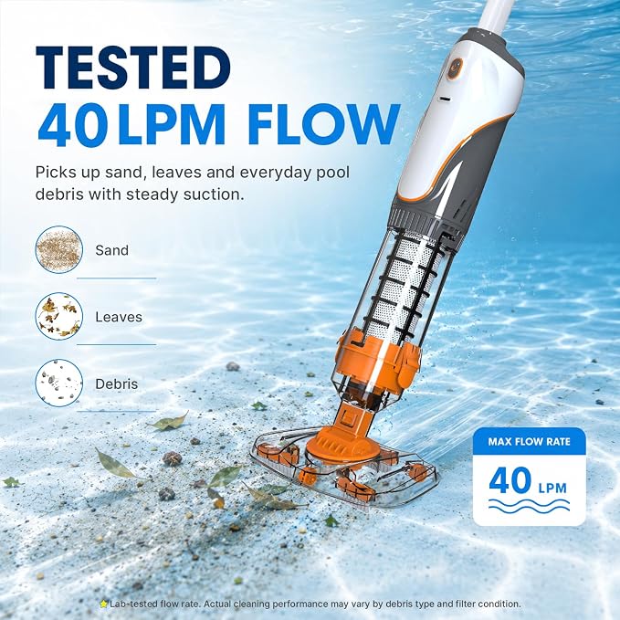 Cordless Pool Spa Vacuum Cleaner Rechargeable Handheld Pool Vacuum with 60-Min Runtime Dual Filtration 3 Cleaning Heads Telescopic Pole for Sand Leaves Hot Tubs Above Ground & Small Pools (Orange)