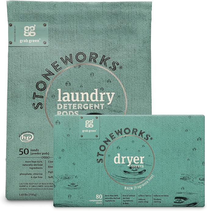 Grab Green Stoneworks Dryer Sheets, 80 Count, Birch Branch, Compostable | Softens fabrics; Reduces Static; Cruelty-free; Plant & Mineral Based; No Harsh Chemicals