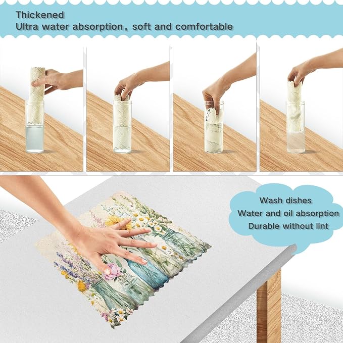 ALAZA Kitchen Towels Spring Floral Jars Dish Towels Multipurpose Reusable Dish Cloths Soft Cleaning Cloth Kitchen Accessories Set of 6,11"x11"
