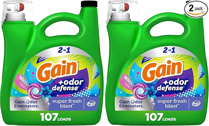 Gain + Odor Defense Liquid Laundry Detergent, Super Fresh Blast Scent, 107 Loads, HE Compatible Washing Soap (Packaging May Vary) (Pack of 2)