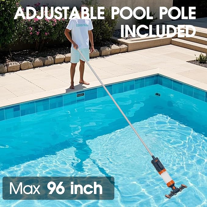 Heavy Duty Handheld Pool Vacuum - 18.9GPM Powerful Suction, 25µm Ultra Fine Mesh Filter for Smaller Debris, 14'' Wide Vacuum Head, 60mins Running Time (Orange)