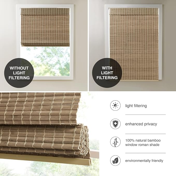 Madison Park Eastfield 100% Bamboo Cordless Roman Shades-Woven Wooden Privacy Panel, Light Filtering Easy Installation Window Blind Treatment, Bedroom, Living Room Decor, 29" W x 64" L, Natural Ash