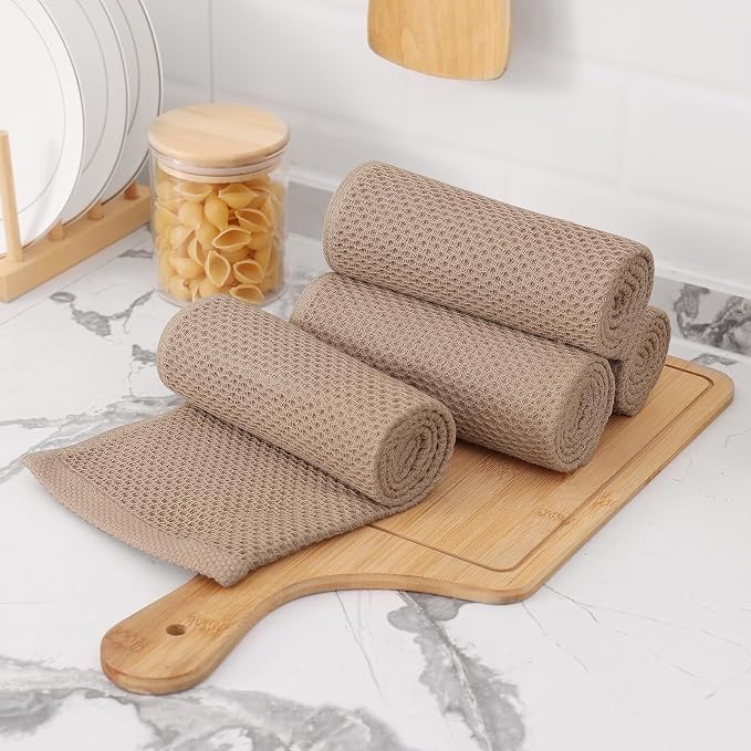 Kitinjoy 100% Cotton Waffle Weave Kitchen Hand Towels (13 X 28 Inches, Tan), 8-Pack Super Soft and Absorbent Dish Towel for Drying Dishes