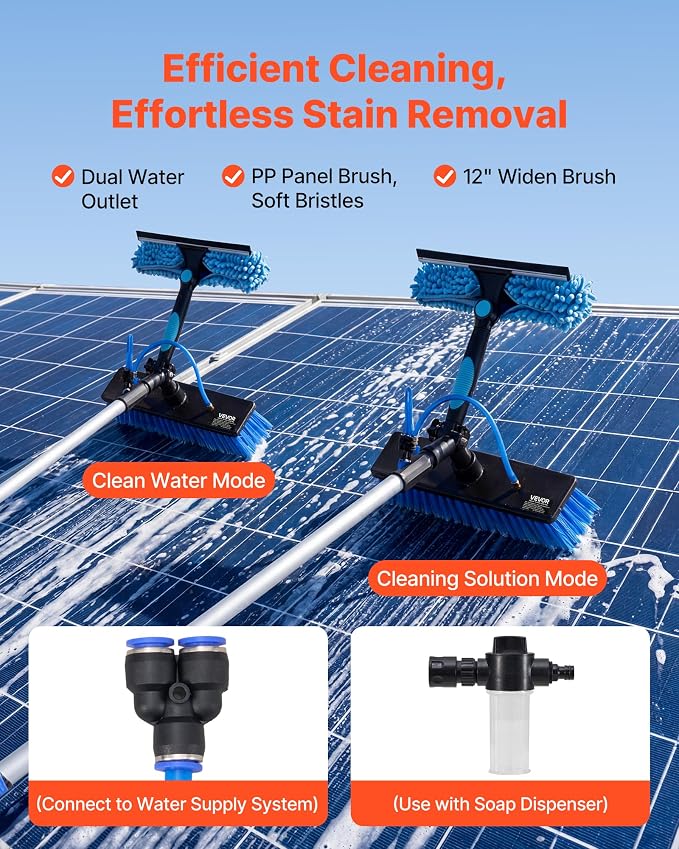 VEVOR Solar Panel Cleaning Kit, 33 ft, Water Fed Pole Kit with Cleaning Brush, Soap Dispenser, Extendable Aluminum Telescopic Pole, 180° Rotatable Brush Head, for Roof Mounted Solar Panels, Windows