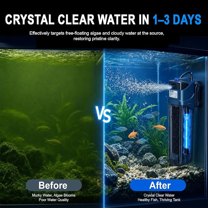 coospider-repta 132GPH Fish Tank Filter Aquarium Green Clean Submersible Machine, U-V for Aquarium for 10-60 Gal Tank