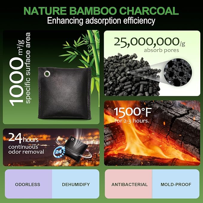 Activated Charcoal Odor Absorber for Strong Odors in Car, Closet, Shoe, Basement. 5 Activated Charcoal Bags Odor Absorbers for Home. Bamboo Charcoals Air Purifying Bag Charcoals Deodorizer Eliminator