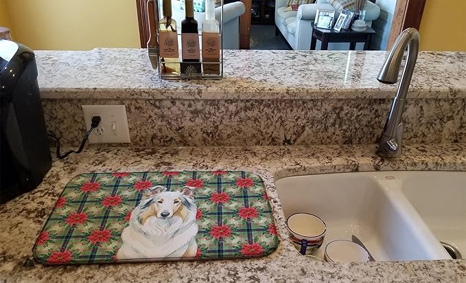 Caroline's Treasures White Collie Christmas PoinsettIas Dish Drying Mat Absorbent Dish Drying Mat Pad for Kitchen Counter Dish Drainer Mat for Countertop, 14 x 21", Multicolor