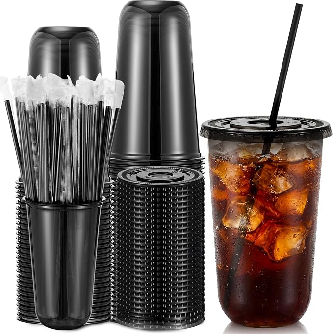 Ziliny 25 Set Black Plastic Cups with Lids and Straws, Disposable Iced Coffee PET Cups for Drinking Cold Beverage Juice Parfait Smoothie Milkshake Coffee Shops Party Supplies (18 oz)