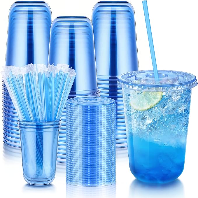 KesaPlan 50 Pack 16 oz Blue Plastic Party Cups with Lids & Straws, Disposable Iced Coffee Cup with Lids, Round Bottom Drinking Cups for Cocktail Cold Beverages Birthday Wedding Picnics Party Supplies