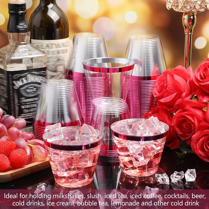 Lounsweer 100 Pcs 9oz Rimmed Plastic Cups Valentine's Clear Cocktail Cups Heavy Duty Wine Glasses for Valentine's Day Birthday Bridal Shower Baby Shower Wedding Holiday Celebrations(Hot Pink)