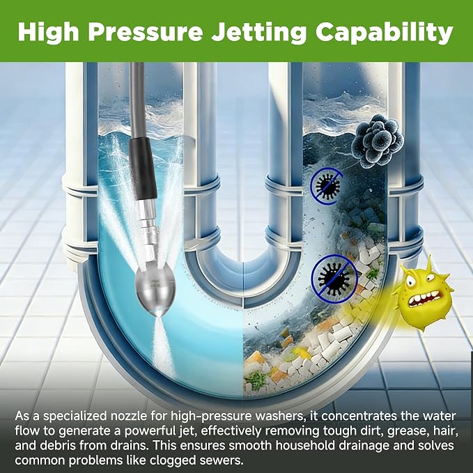 Sewer Jetter Nozzle for Pressure Washer, 3/8" NPT Internal Thread Strong Shot Jetter Head, Stainless Steel Power Washer Drain Jetter Cleaner, 3000 PSI
