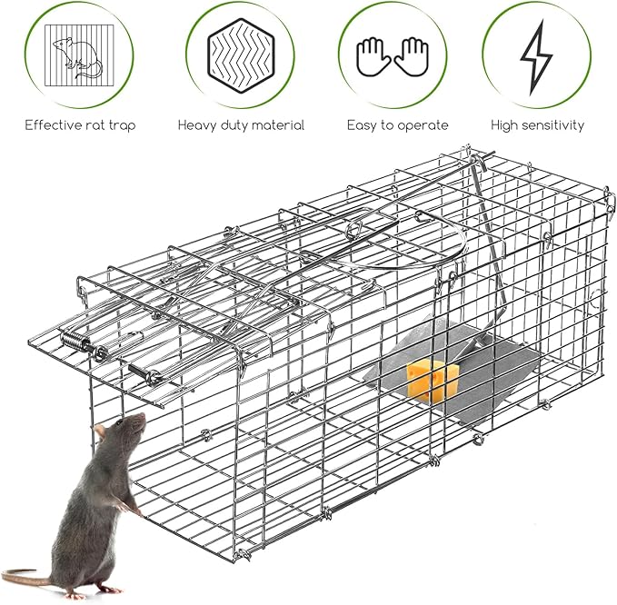 Humane Rat Trap Outdoor Indoor Collapsible Mouse Trap Chipmunk Traps Small Rodents Animal Mice Vole Hamsters Live Cage,Heavy Duty Metal & Reusable Easy to Catch and Release,2 Pack