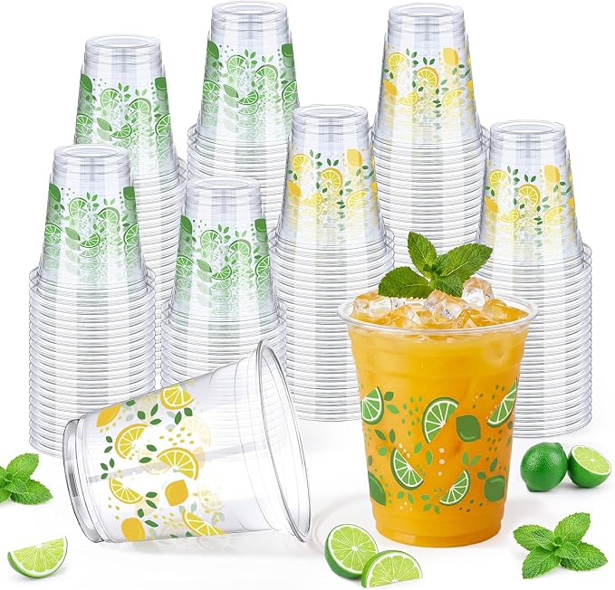 Uiifan 50 Pcs Lemon Plastic Cups 12 oz Lemonade Stand Supplies Green Yellow Lime Lemon Disposable Clear Drinking Cup Summer Hawaiian Luau Party Decoration for Birthday Wedding Bridal Baby Shower Party