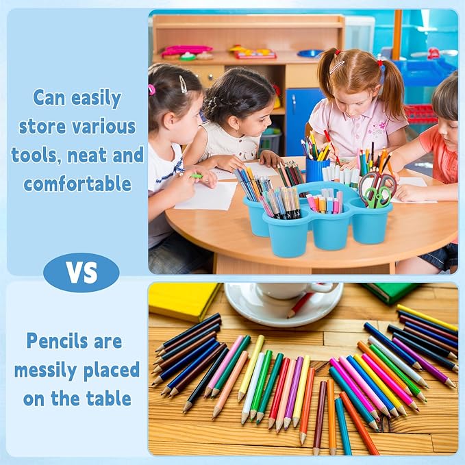 6 Pack Classroom Caddy Organizer with Handle Gradient Blue Plastic Table Caddy Drink Cup Caddies Holder 12x9x3.5 Inches Storage School Supplies 6 Compartments for Table Crayon Pencil Cup Marker Craft